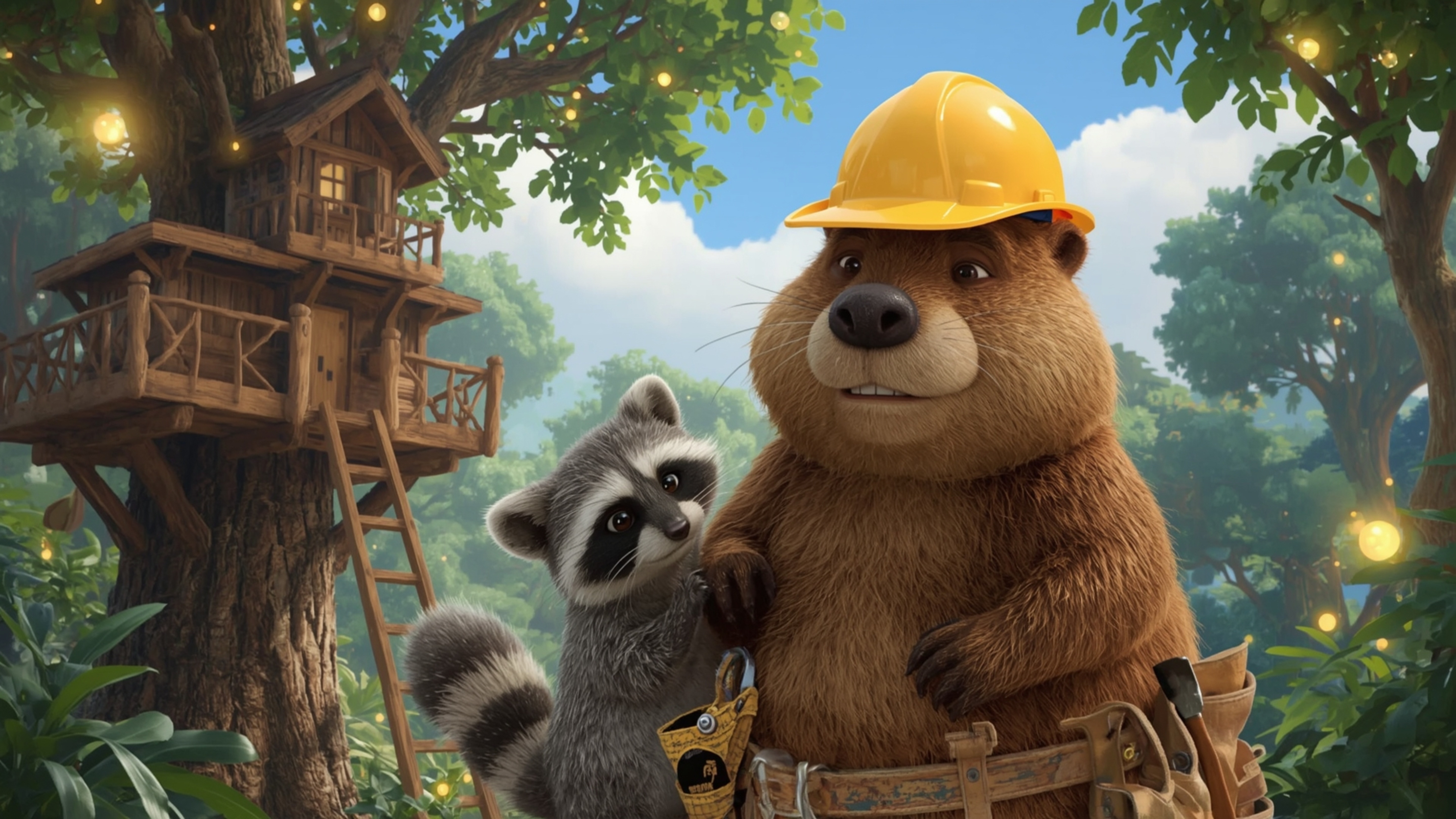 A highly detailed, high-resolution stock photo captures a beaver wearing a tiny carpenter's tool belt and a cheerful yellow h