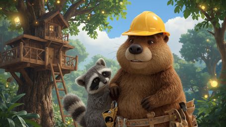A highly detailed, high-resolution stock photo captures a beaver wearing a tiny carpenter's tool belt and a cheerful yellow h