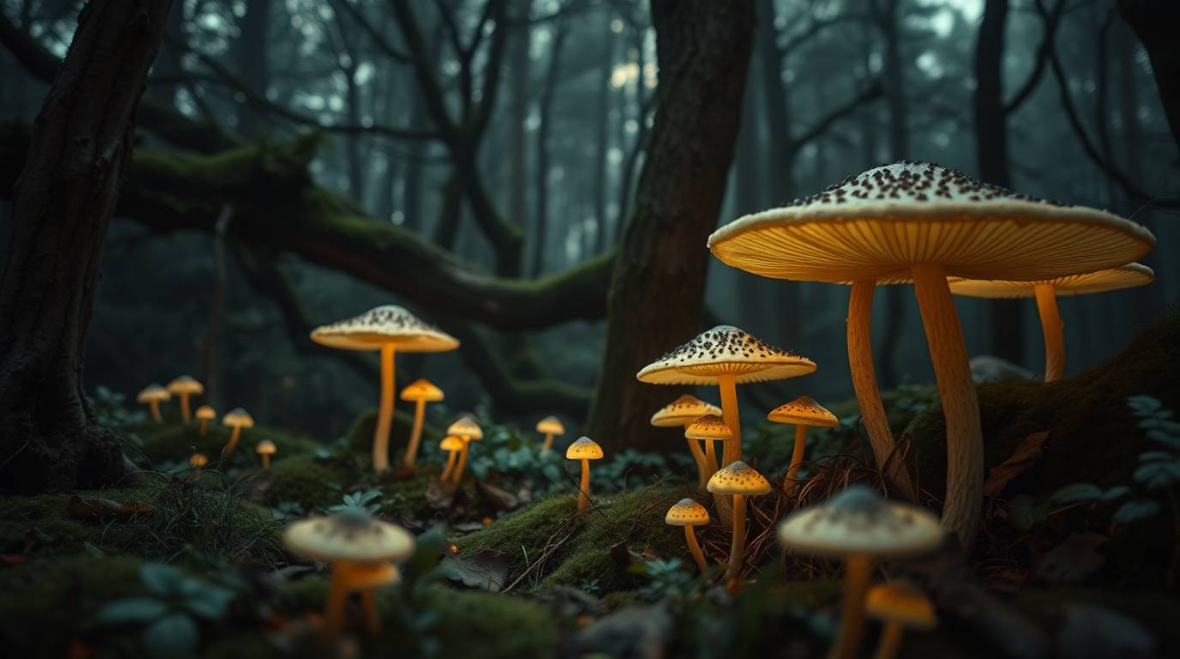 A captivating high-resolution stock photo depicts a vintage-style enchanted forest brimming with glowing mushrooms. Rendered