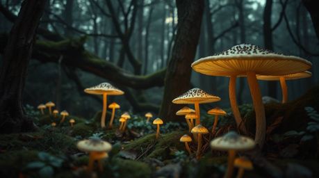 A captivating high-resolution stock photo depicts a vintage-style enchanted forest brimming with glowing mushrooms.  Rendered