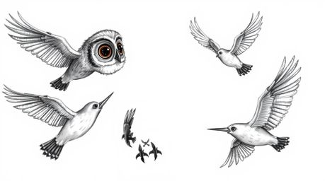 A heartwarming scene depicts a blind owl, rendered in a hand-drawn Pixar style, patiently teaching birds how to fly against a