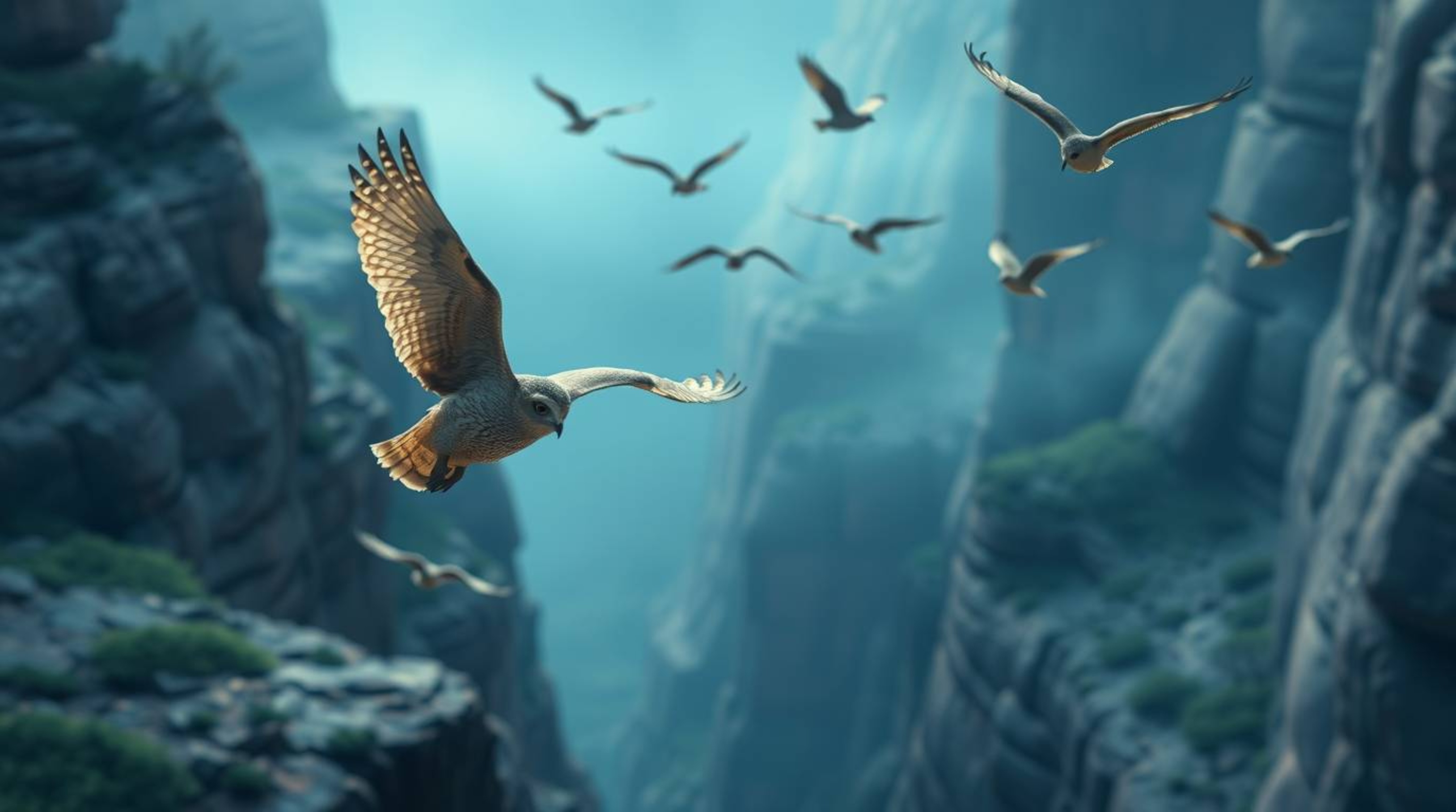 This cinematic, long-exposure photo captures a heartwarming scene of a Pixar-esque blind owl gently guiding birds in flight t