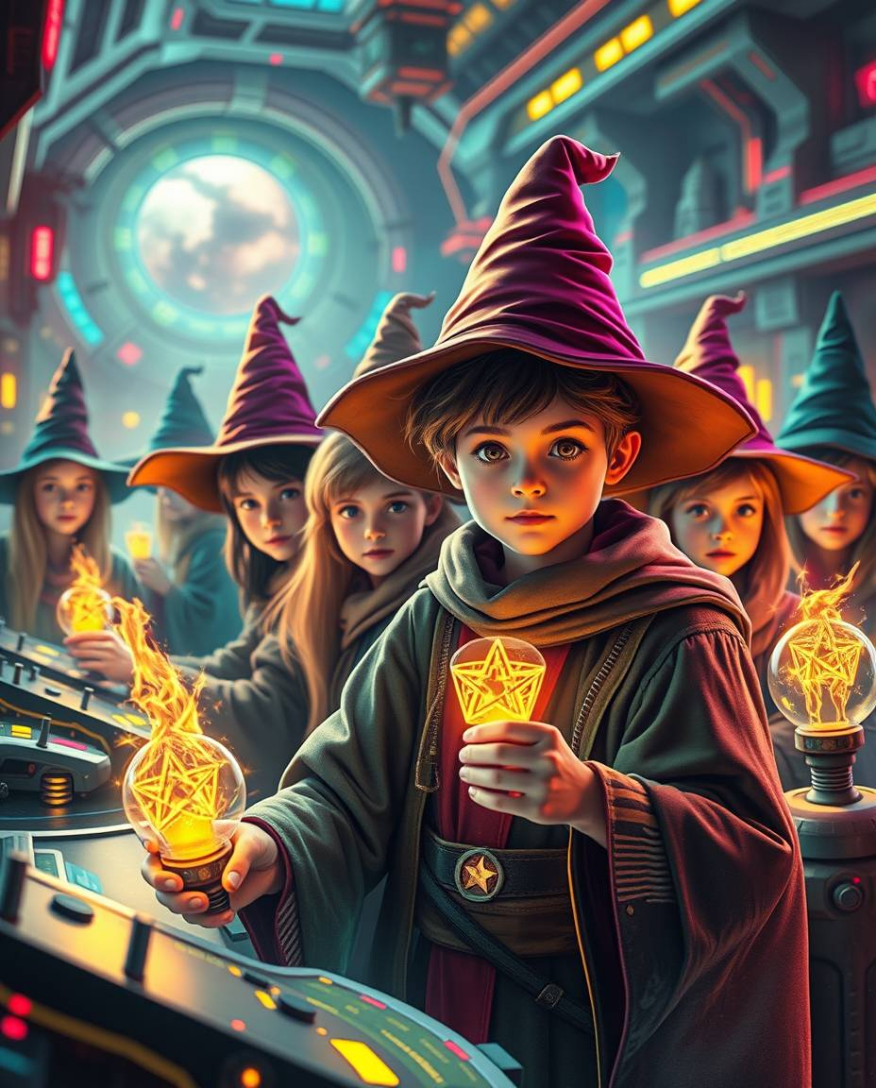 Immerse yourself in a magical school reimagined for a futuristic sci-fi era, where young wizards learn their craft amidst adv