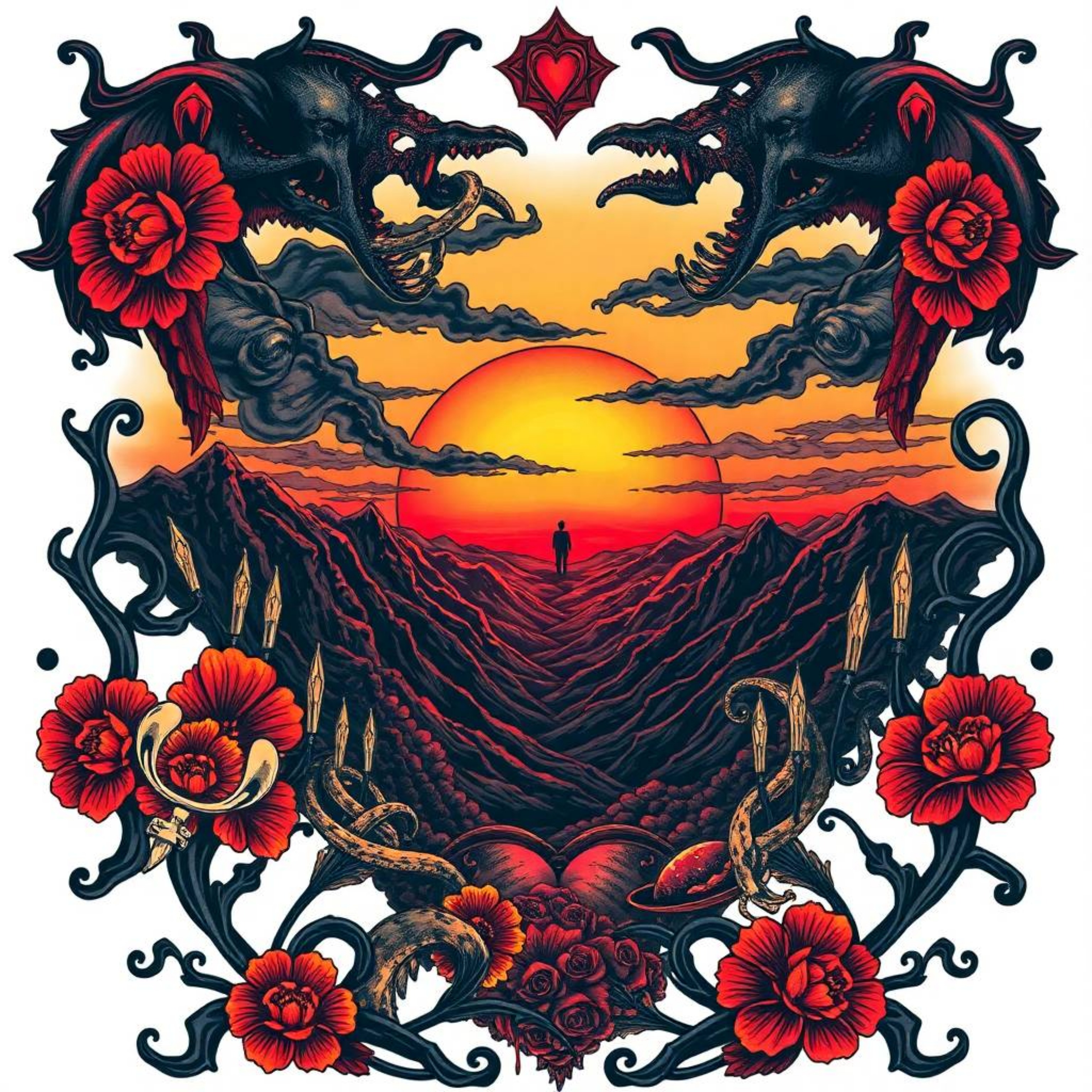 This vibrant retro-style tattoo art print features a captivating sunset over a quiet mountain valley, adorned with complex or