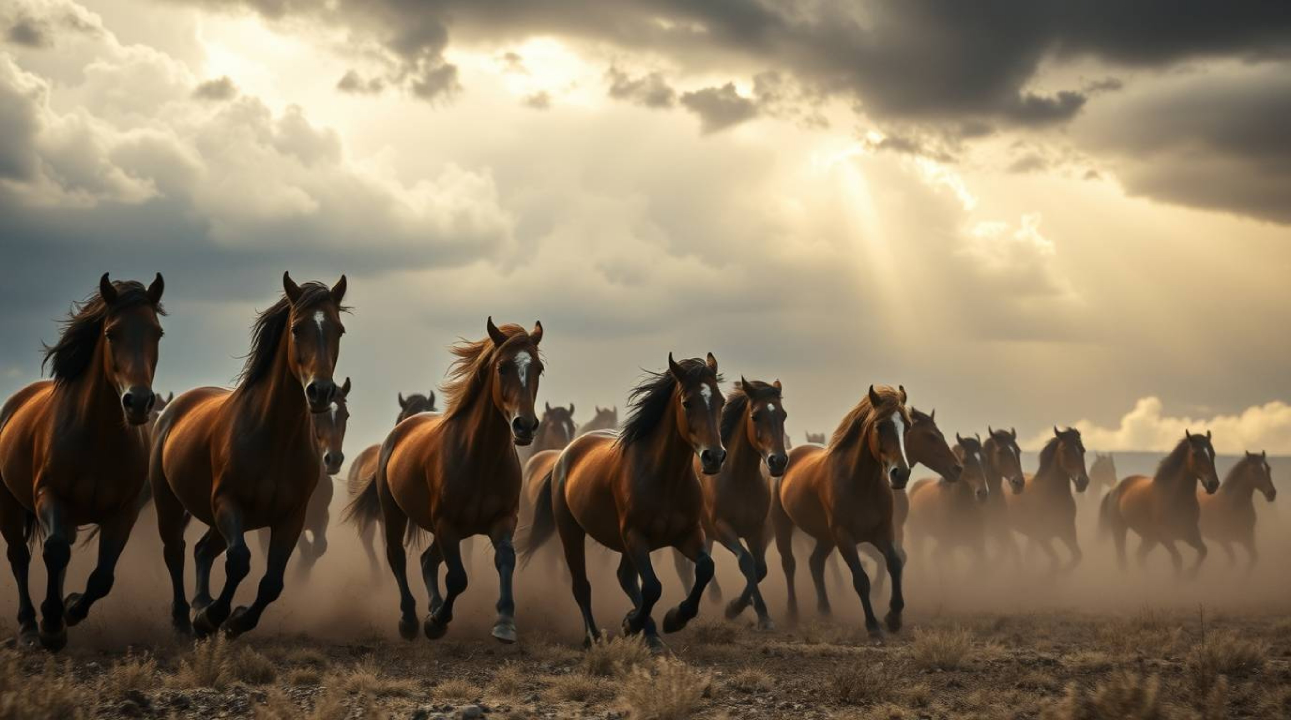 A cinematic depiction of a herd of wild horses galloping beneath a dramatic, stormy sky, characterized by intense and compell
