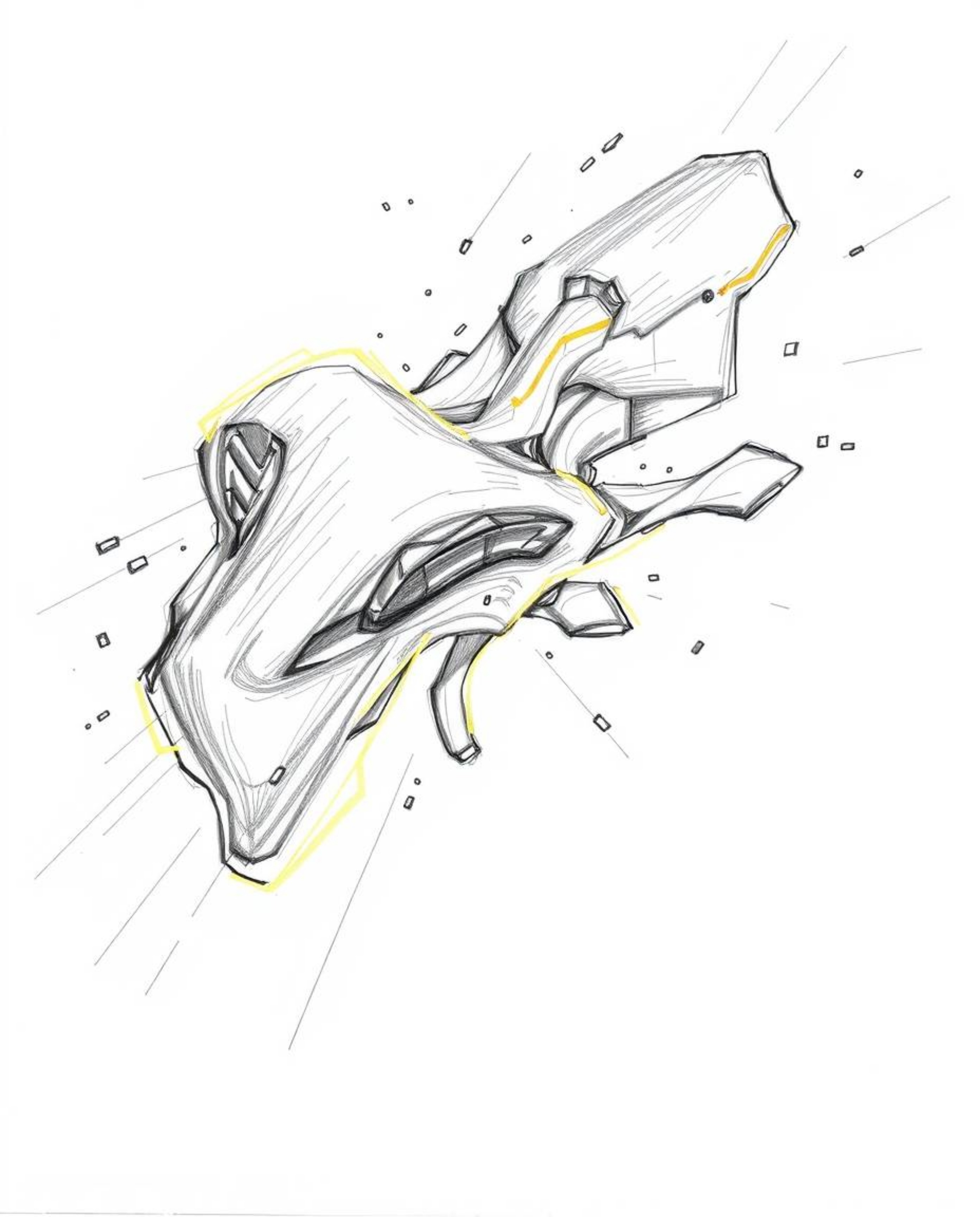 A dynamic hand-drawn sketch showcases futuristic 3D fluid shapes with glowing edges moving across a white background. Rough p