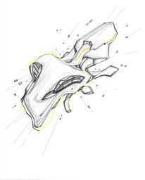 A dynamic hand-drawn sketch showcases futuristic 3D fluid shapes with glowing edges moving across a white background. Rough p