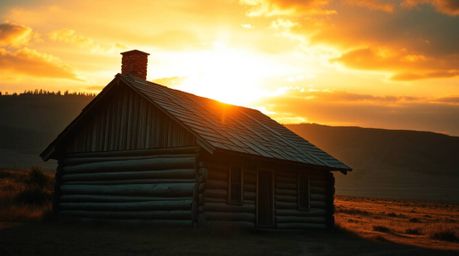 Capture the essence of a secluded retreat with this high-resolution stock photo showcasing an old wooden cabin bathed in the 