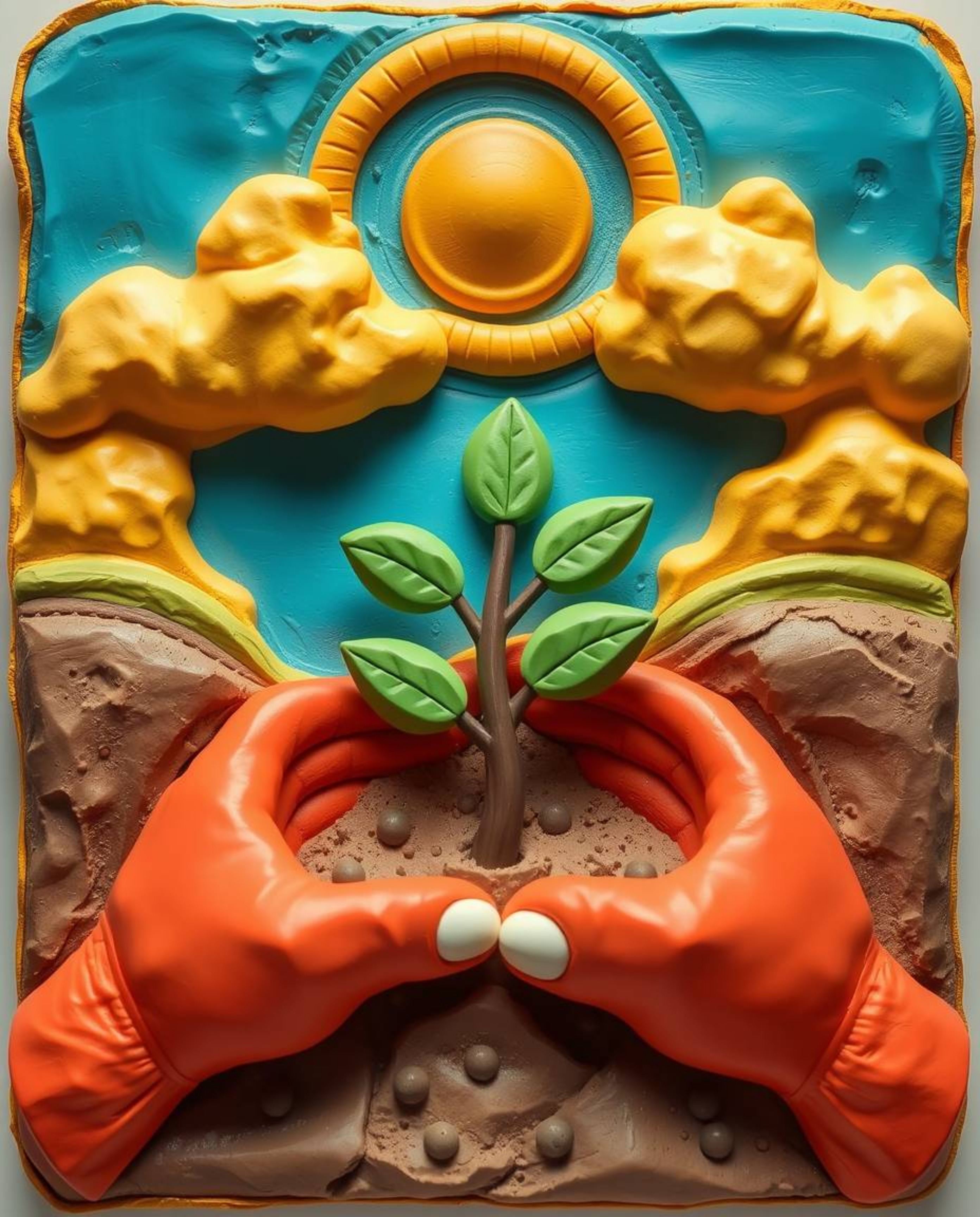 A captivating clay sculpture bursts with bright, vibrant colors, depicting hands planting a tree against a stunning golden su
