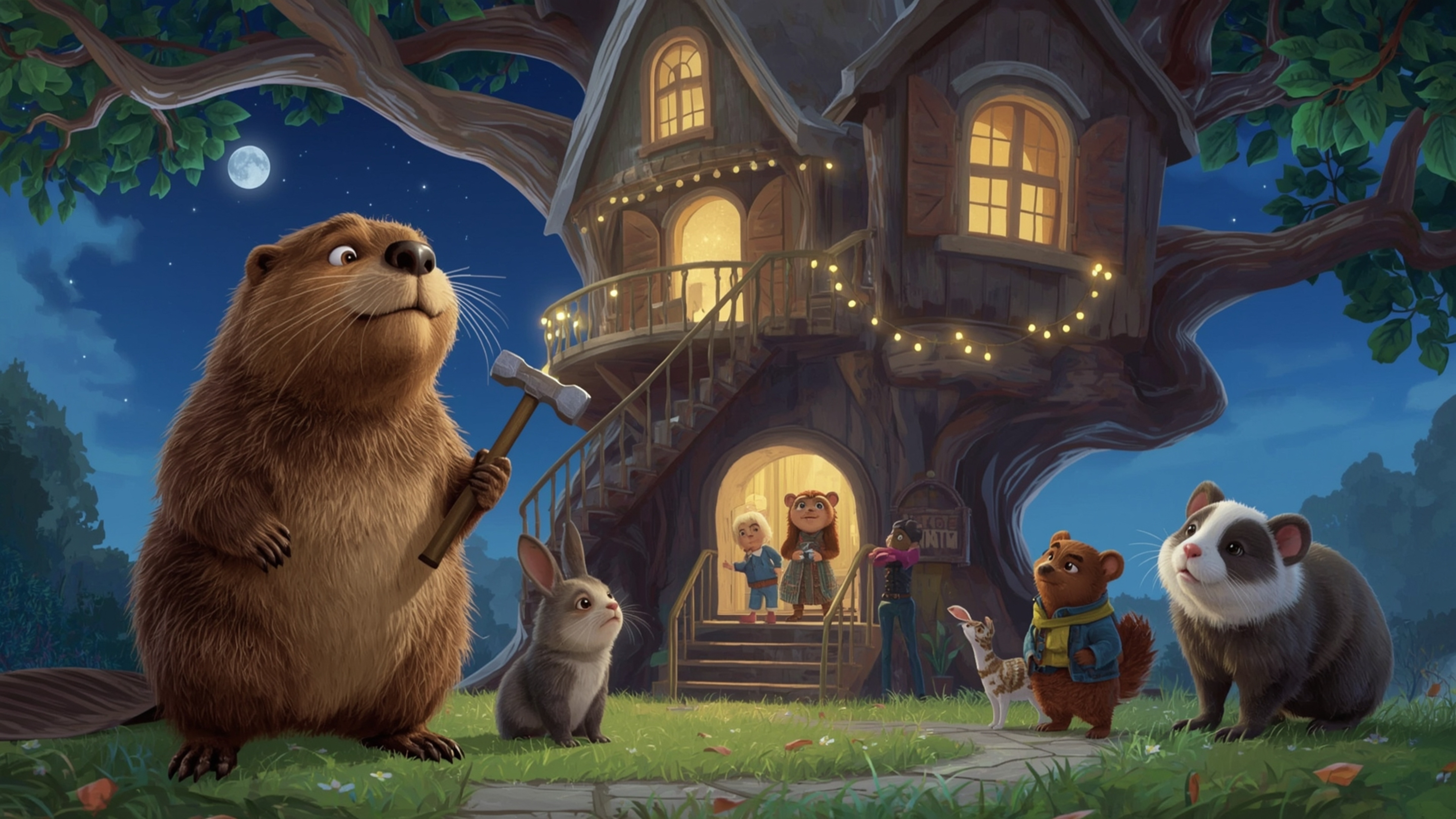 A high-resolution, commercially viable stock photo depicts a kind beaver with shiny, dark brown fur, holding a hammer. It's s