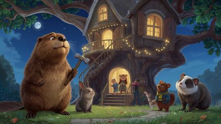A high-resolution, commercially viable stock photo depicts a kind beaver with shiny, dark brown fur, holding a hammer. It's s