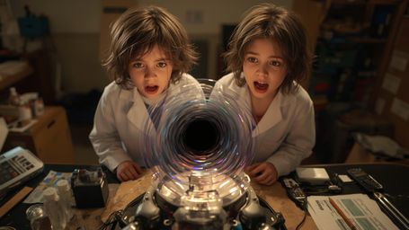 In a vibrant, cinematic photograph rendered in a hyper-realistic, Pixar-inspired style, a dynamic science fair duo unwittingl