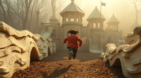 Experience a captivating slow-motion journey through a playground brought to life with layered papier-mâché. Presented in a d