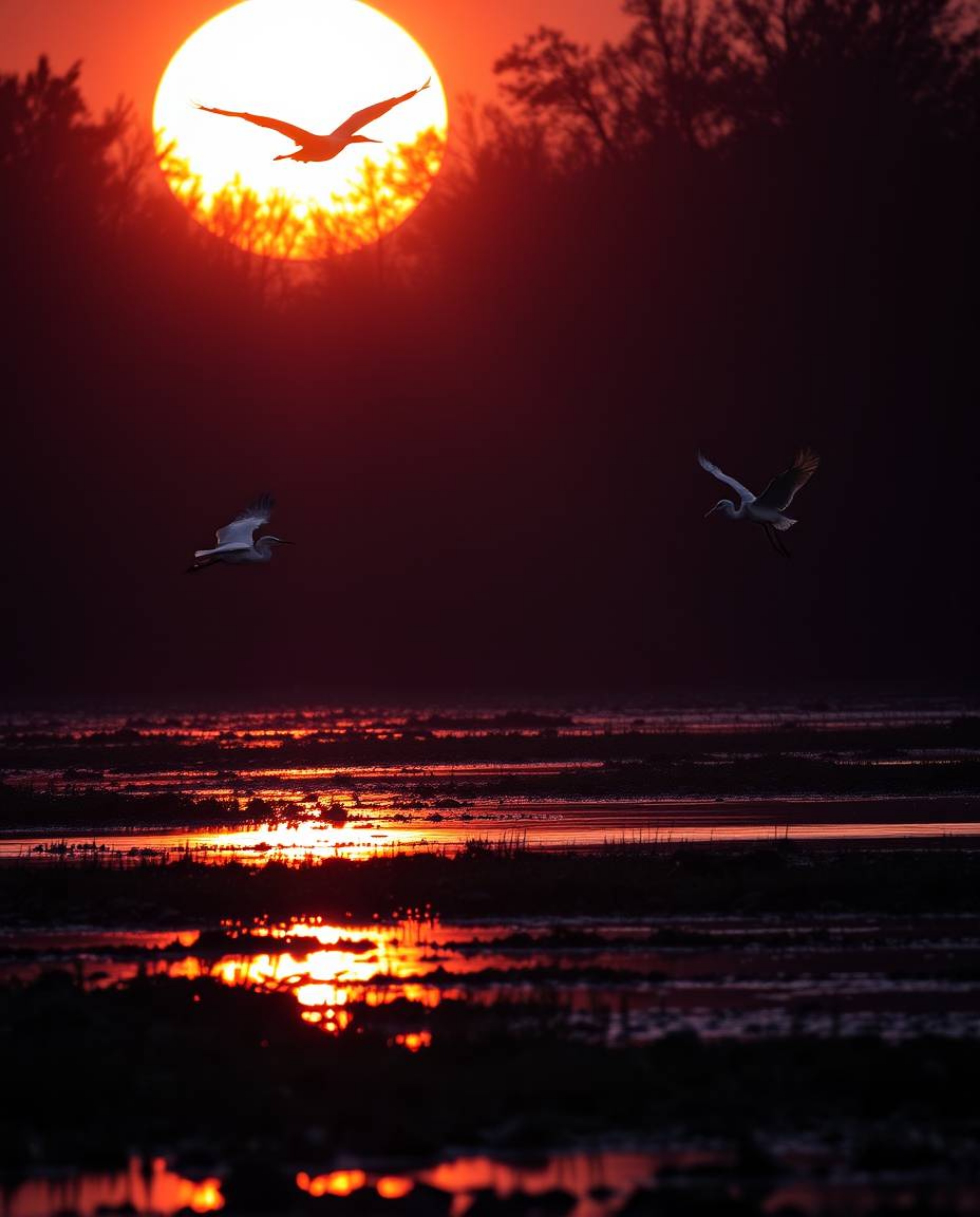 A golden hour wetlands scene with herons flying, captured with high-contrast, low-key lighting for a dramatic effect. This im
