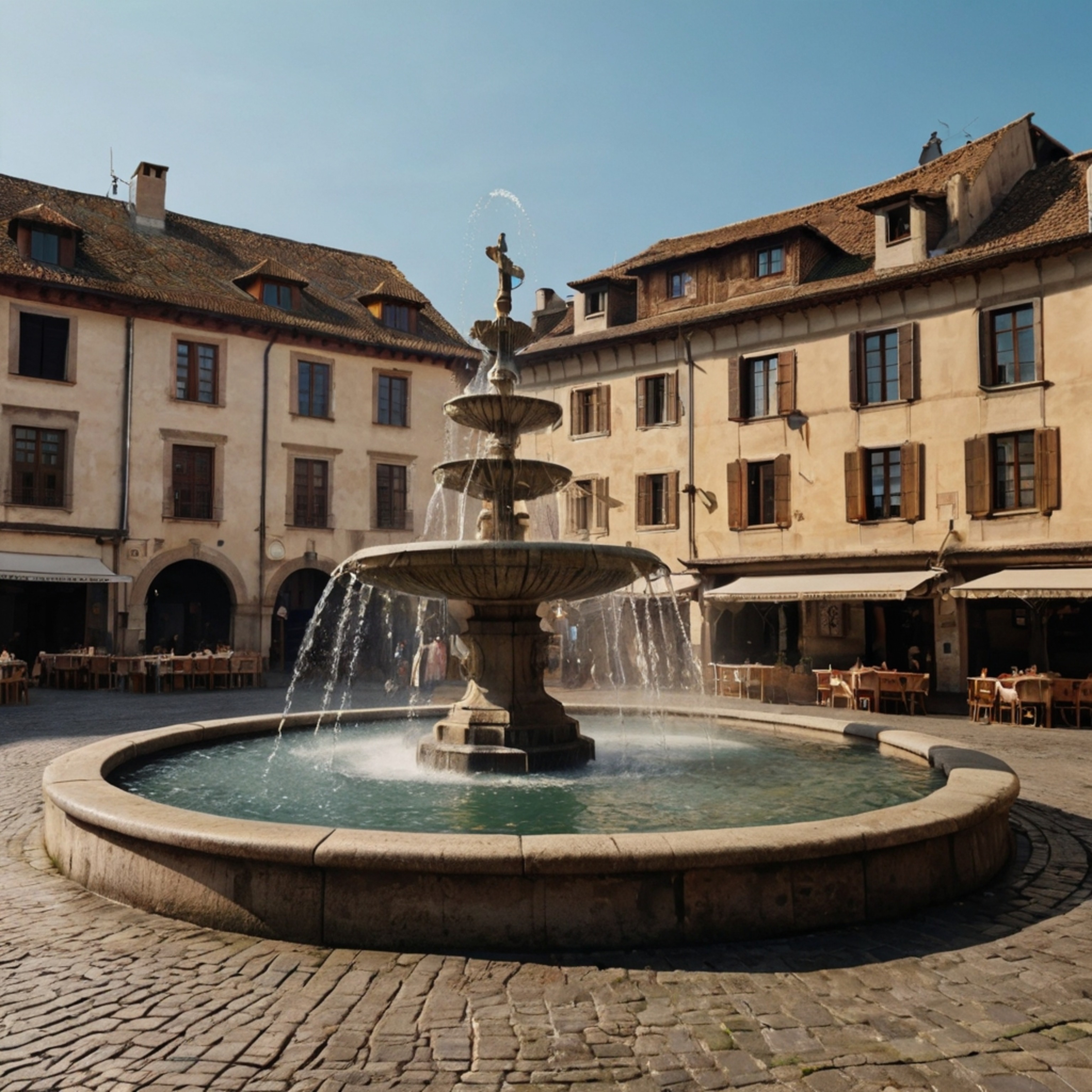 Explore a picturesque medieval town square, a vibrant hub featuring a grand fountain as its centerpiece. Surrounded by sturdy