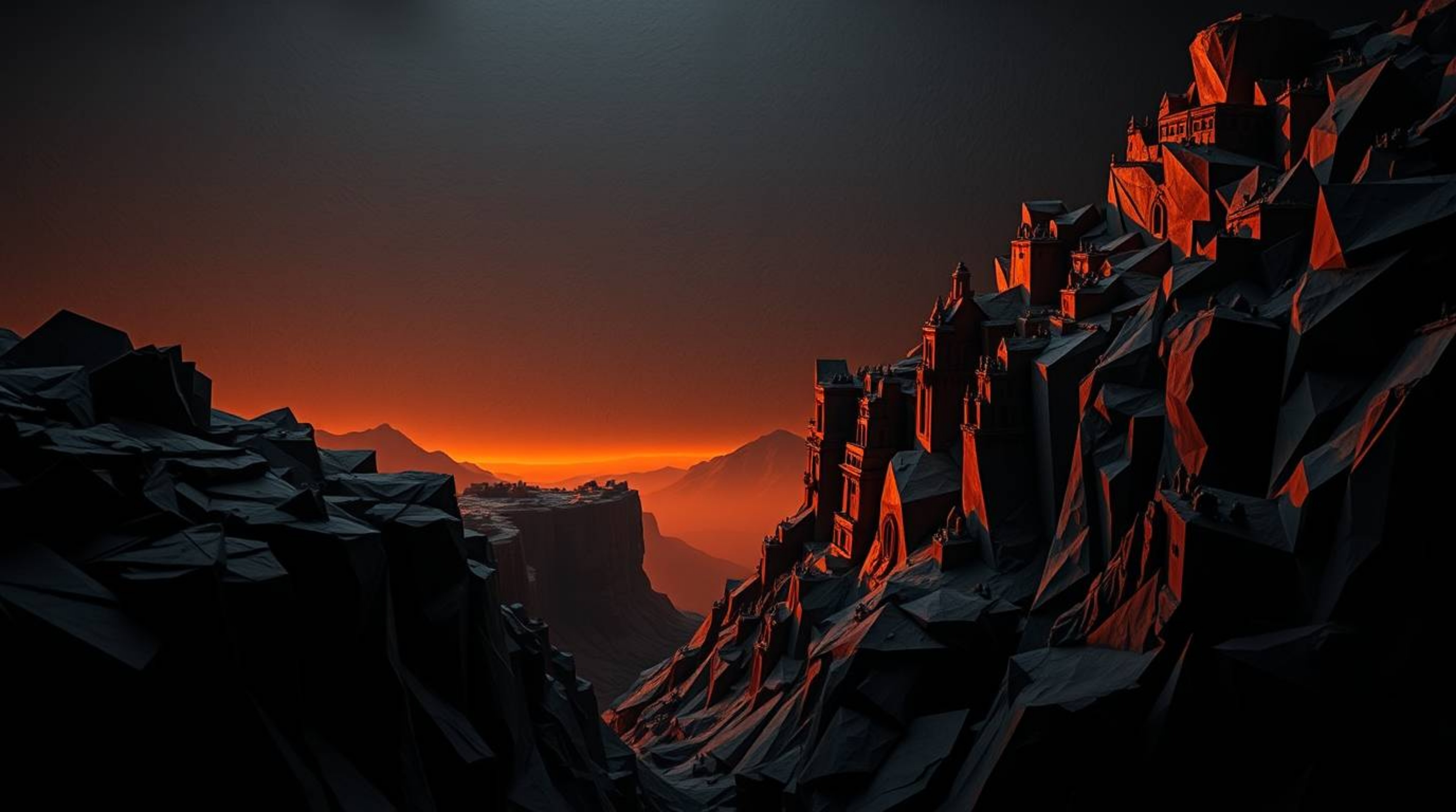 A stunning visual concept blending intricate origami styling with a dramatic rocky canyon landscape. The image features inten