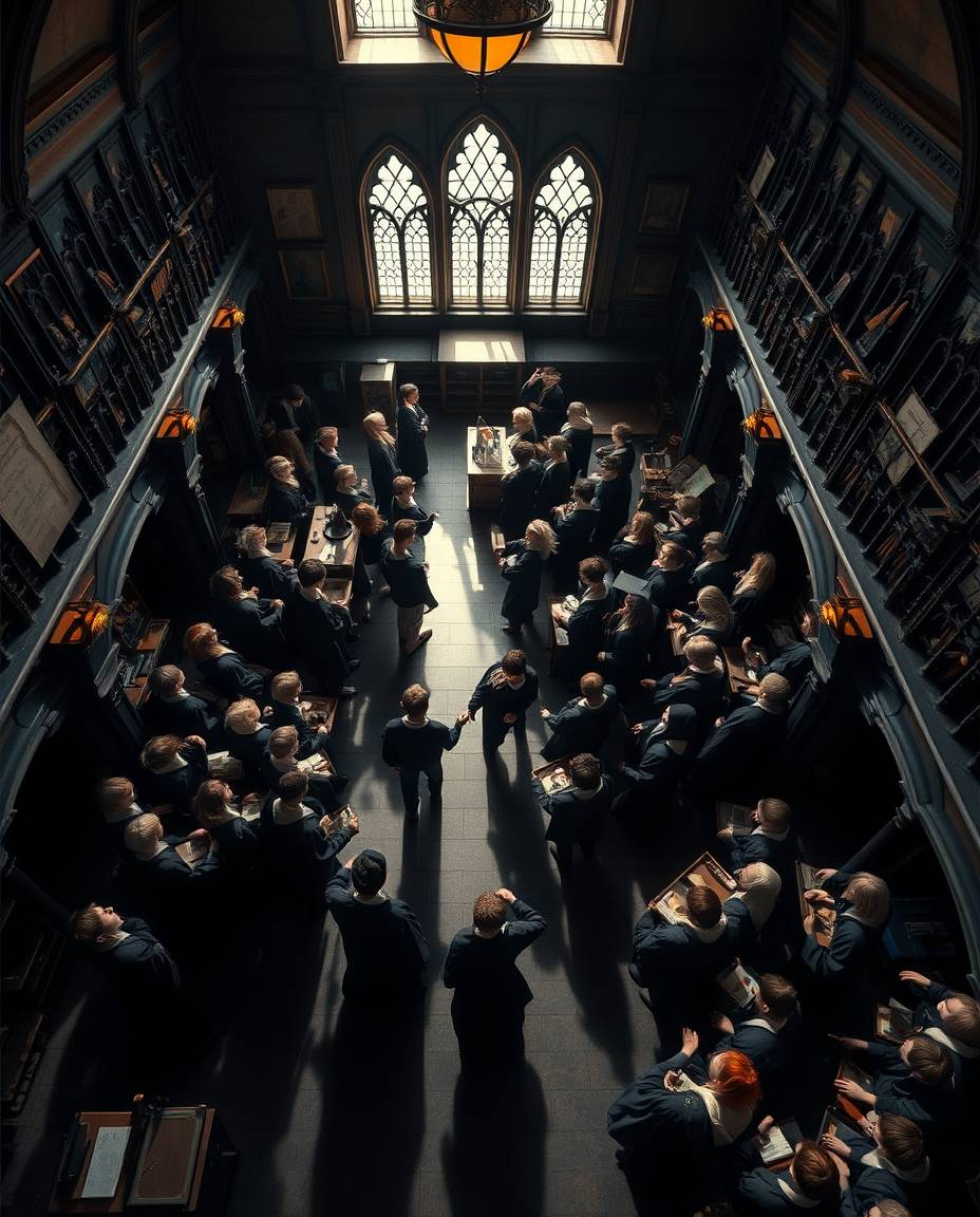 A captivating high-angle photograph captures a magical school brimming with young wizards.  The bird's-eye perspective and st