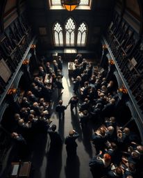 A captivating high-angle photograph captures a magical school brimming with young wizards. The bird's-eye perspective and st