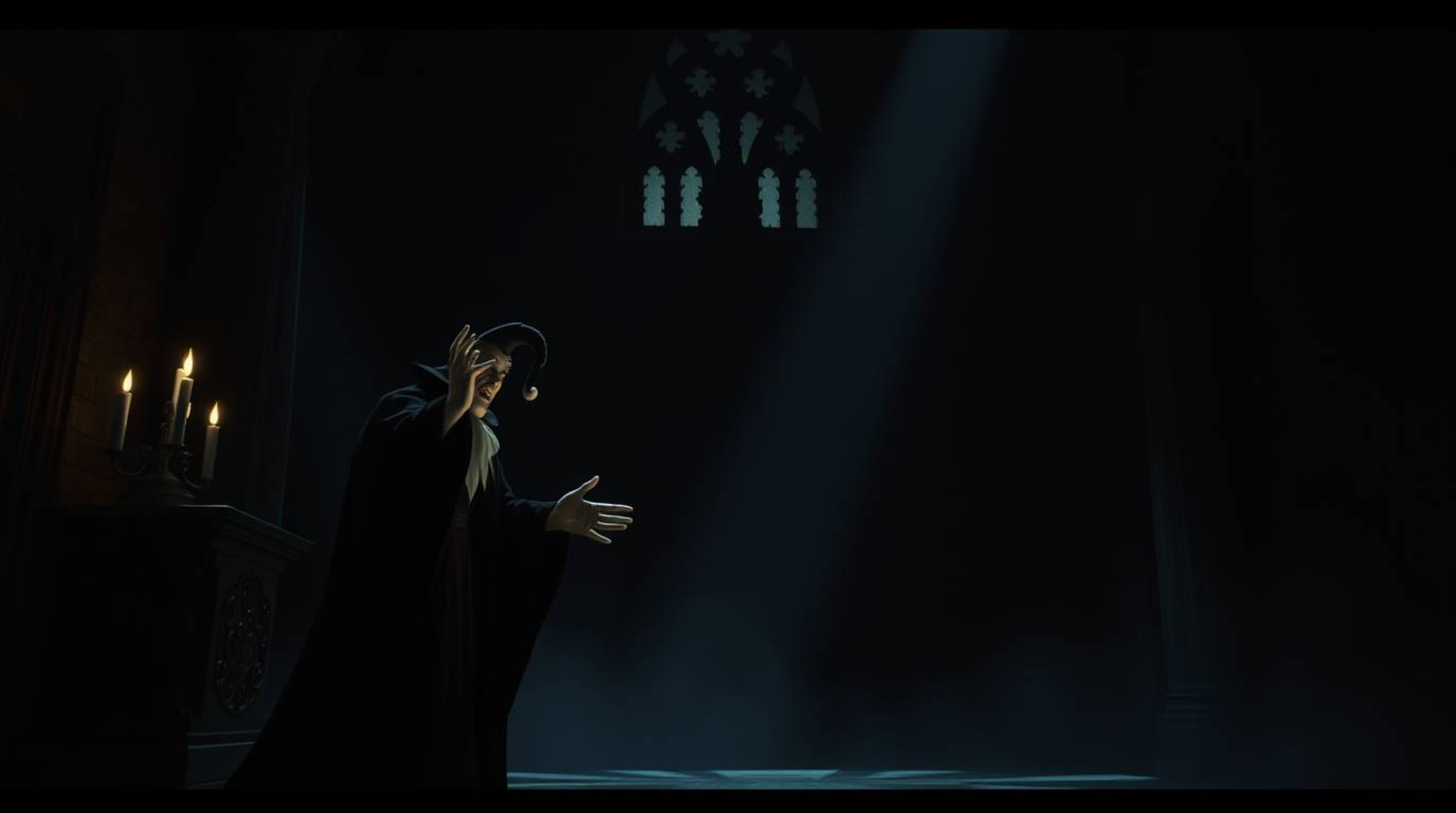 A classic Disney villain conjures a spell within the eerie confines of an old castle. The scene is bathed in moody chiaroscu