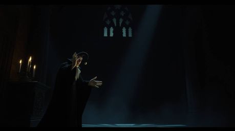 A classic Disney villain conjures a spell within the eerie confines of an old castle.  The scene is bathed in moody chiaroscu