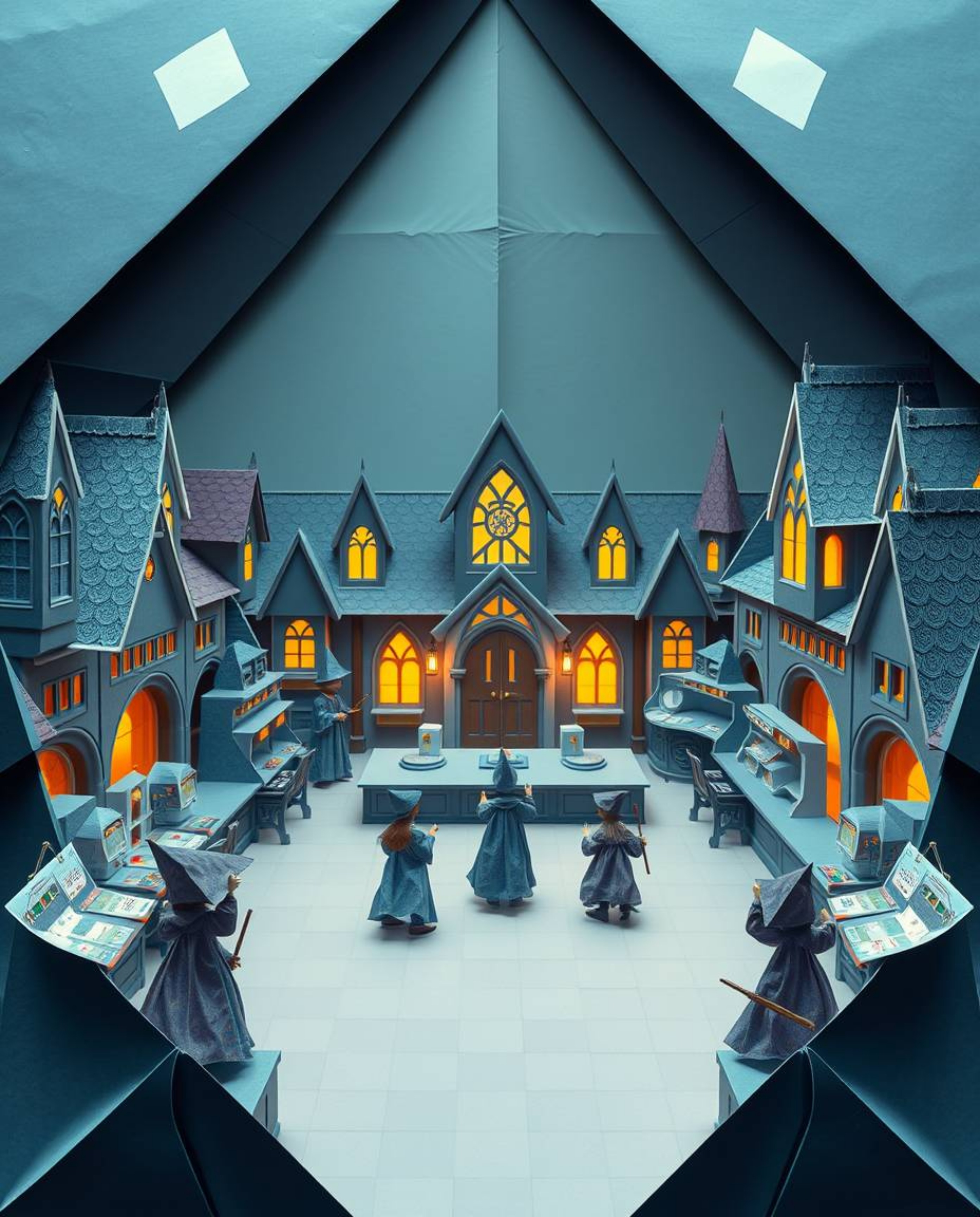 Explore a captivating magical school brimming with young wizards, presented in a uniquely split composition. The artwork show