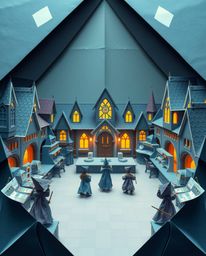 Explore a captivating magical school brimming with young wizards, presented in a uniquely split composition. The artwork show