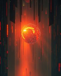 Experience the unsettling beauty of this Isekai anime-style artwork.  Glitched geometric shapes float in a warm golden hour c
