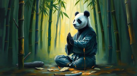 A captivating digital oil painting showcases a serene martial artist panda meditating amidst a lush bamboo forest.  The artwo