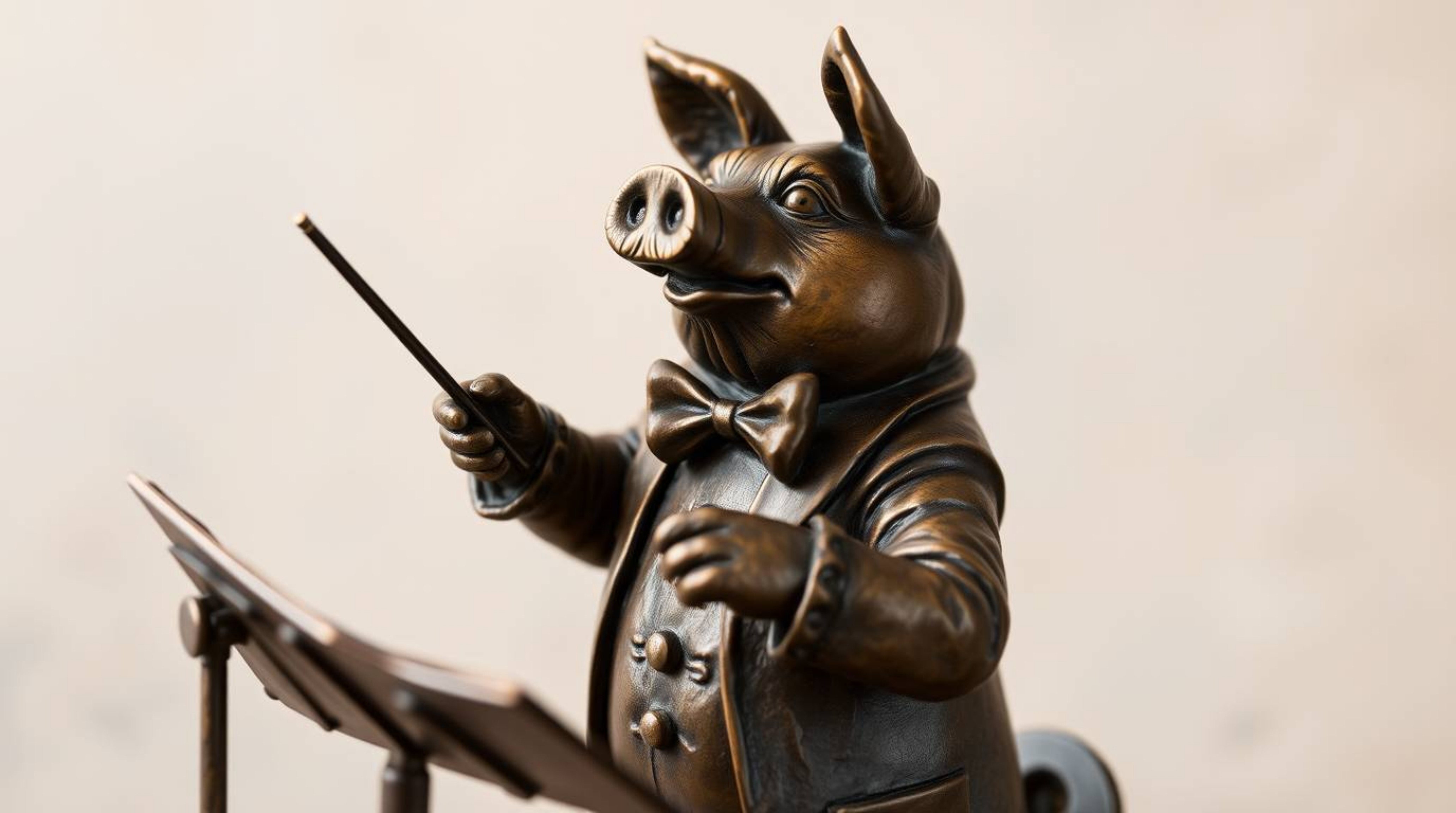 Discover a captivating cast bronze sculpture of a pig character majestically conducting an orchestra.  The antique finish and
