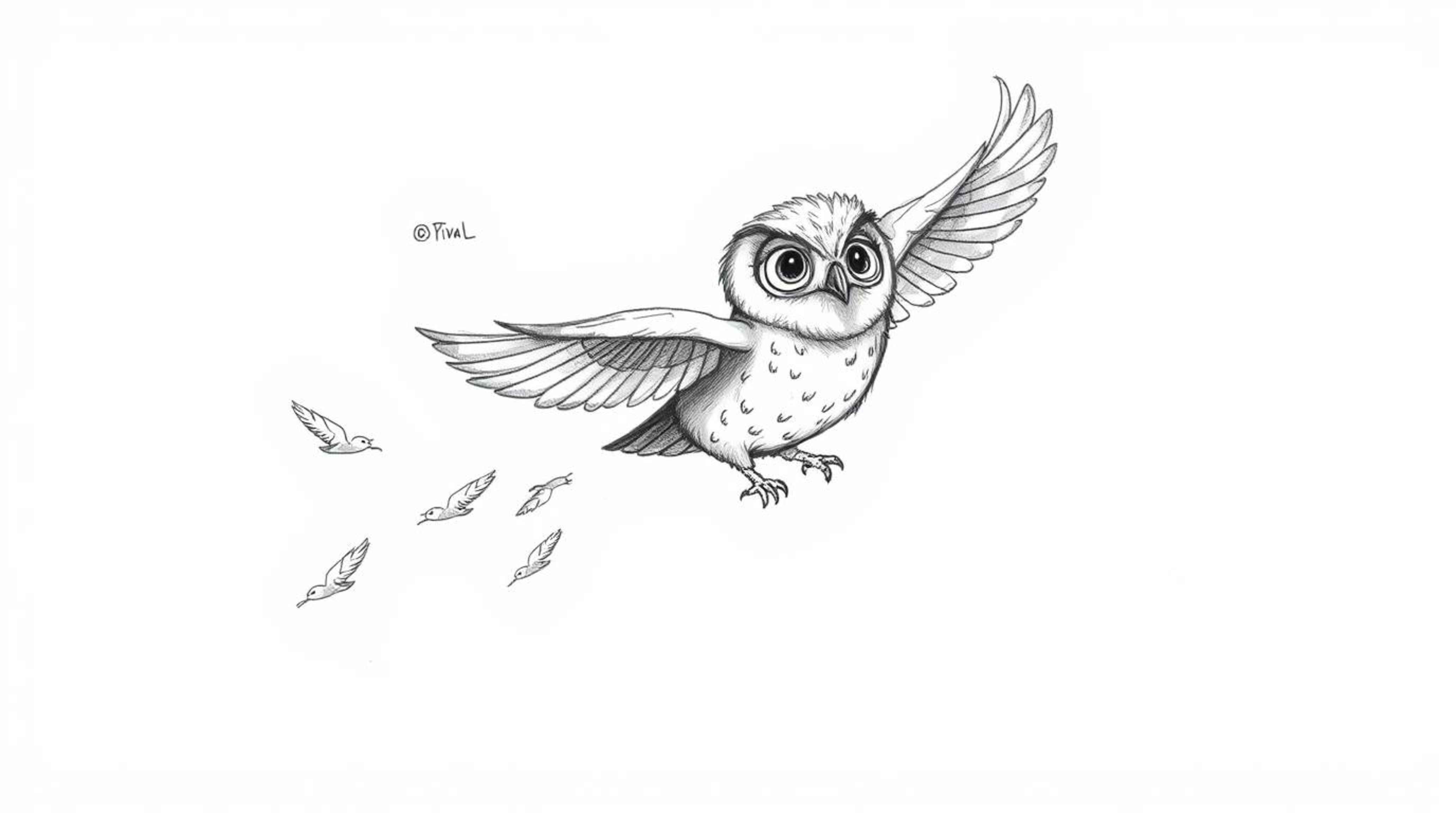 A captivating hand-drawn sketch in the style of Pixar depicts a blind owl, its soft feathers trailing behind as it gracefully