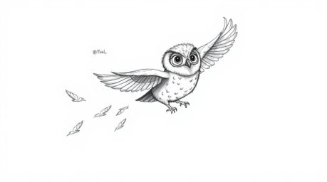 A captivating hand-drawn sketch in the style of Pixar depicts a blind owl, its soft feathers trailing behind as it gracefully