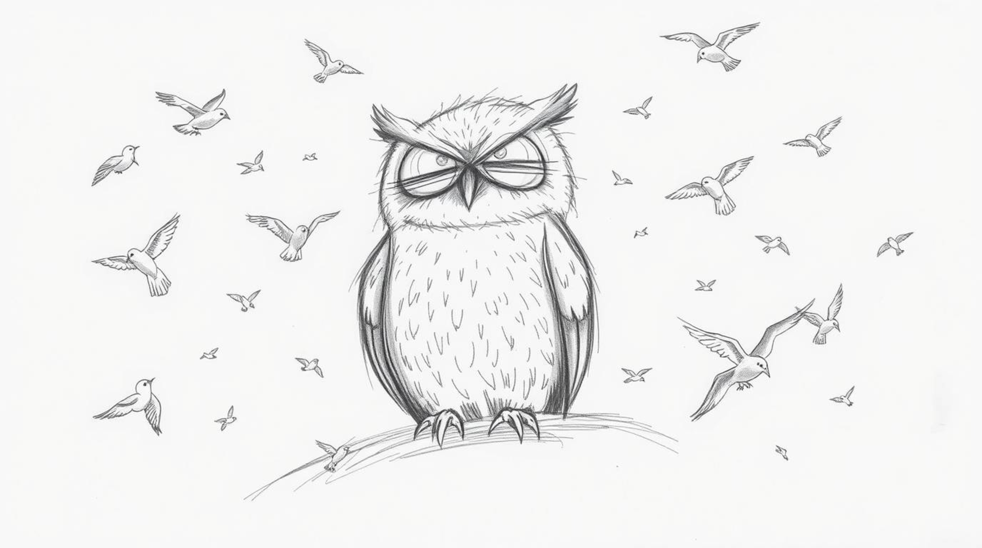 A hand-drawn sketch depicting a blind, wise-looking owl in a Pixar style, calmly sitting amidst a flurry of small birds in fl