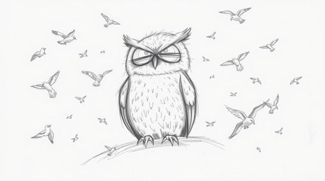 A hand-drawn sketch depicting a blind, wise-looking owl in a Pixar style, calmly sitting amidst a flurry of small birds in fl
