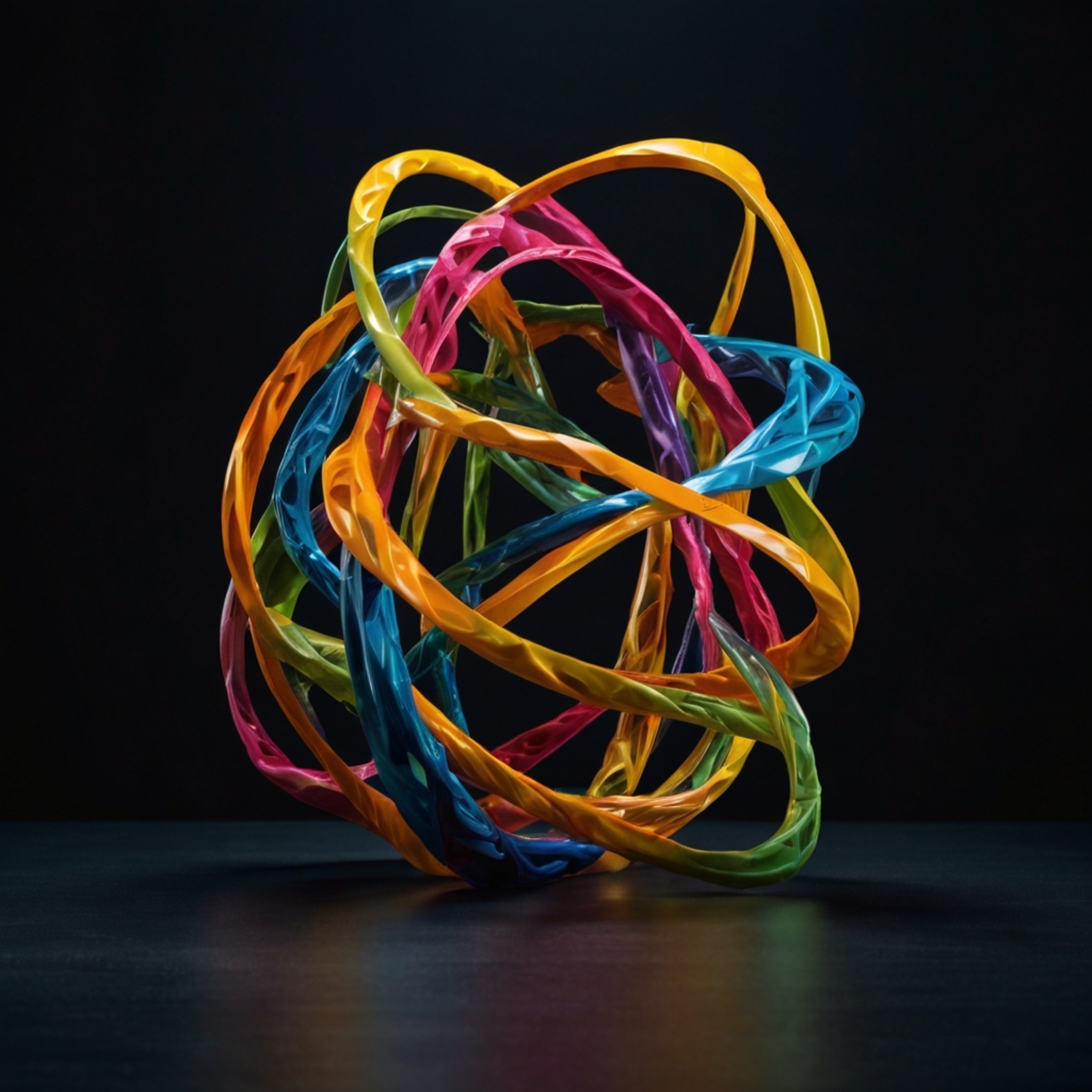 Explore a captivating 3D abstract sculpture featuring a dynamic interplay of intertwining shapes and a symphony of vibrant co