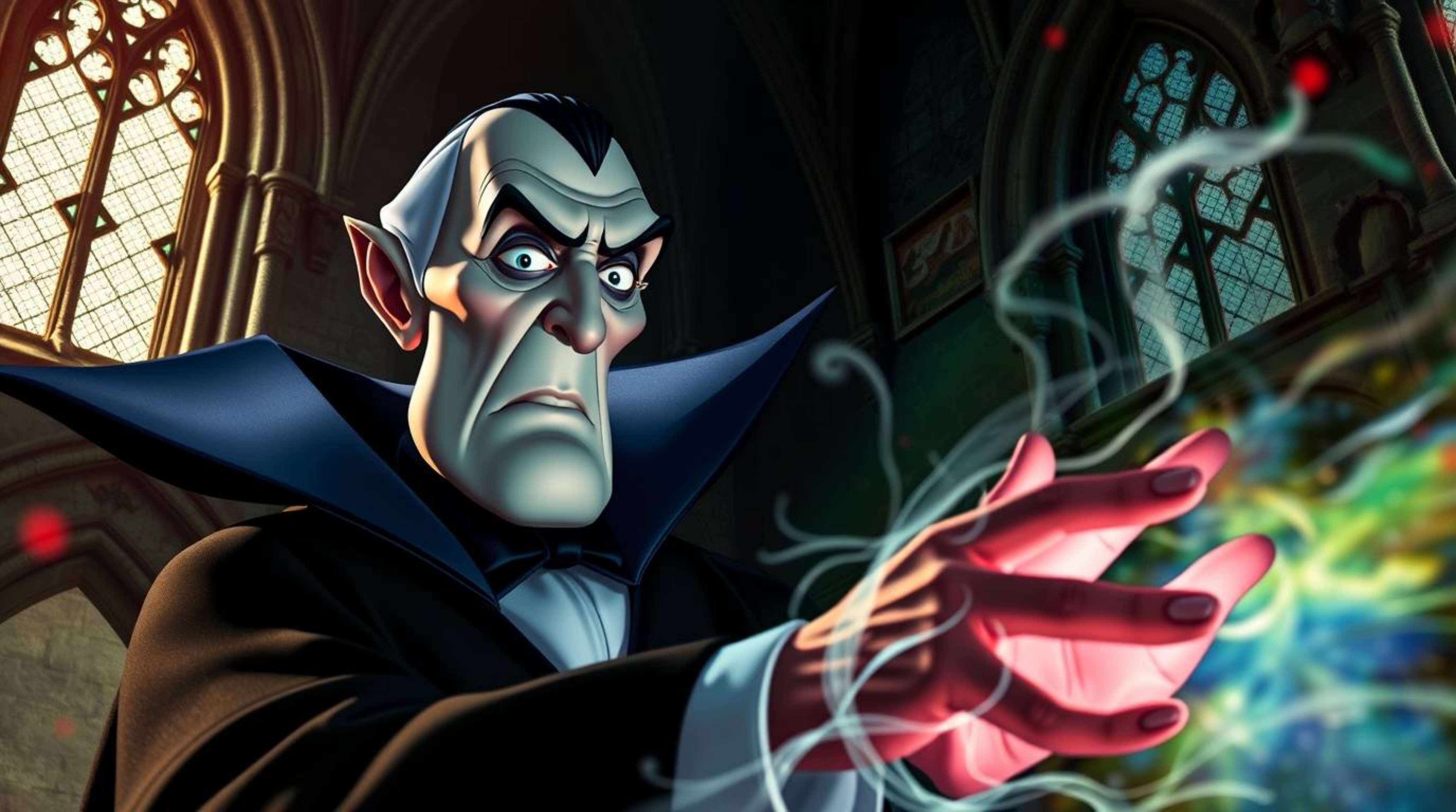 Immerse yourself in this high-resolution stock photo featuring a classic Disney villain with sharp facial features and pale s