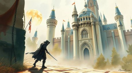 A daring thief infiltrates a grand, modern, and futuristic castle, rendered in delicate watercolor with translucent washes an