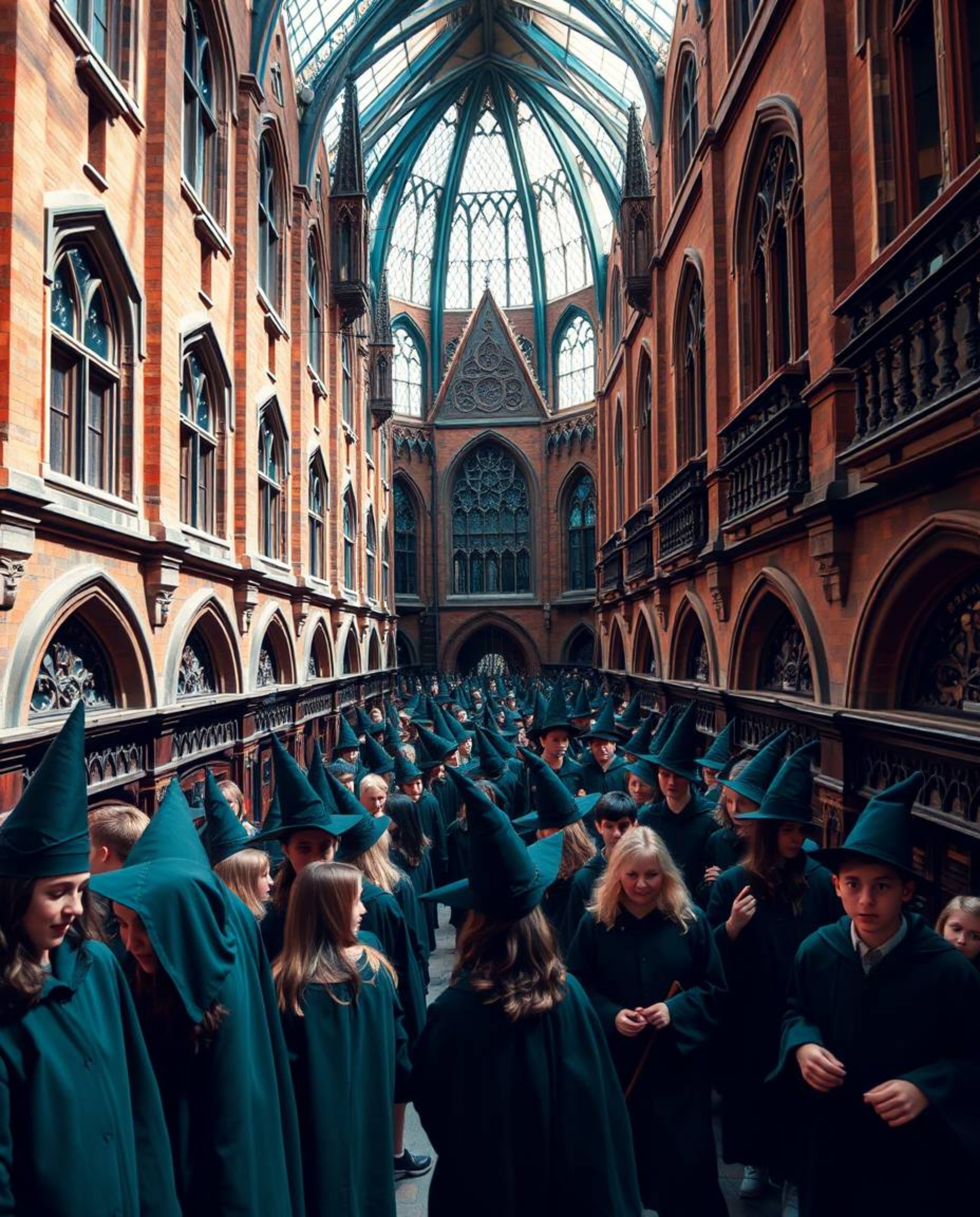 Captivating architectural photography showcasing a magical school brimming with young wizards. The images feature rich, deep 