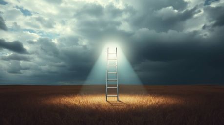A minimalist scene featuring a silver ladder standing in an open field under a wide, cloudy sky.  The image utilizes contrast