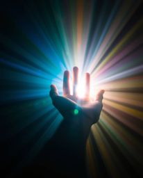 A captivating image depicting a hand reaching towards a soft, dreamy light emanating from the darkness. Vibrant colors and li