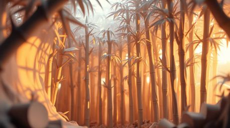Discover a breathtaking image of a sculpted papier-mâché bamboo forest bathed in the warm glow of golden hour.  This ethereal