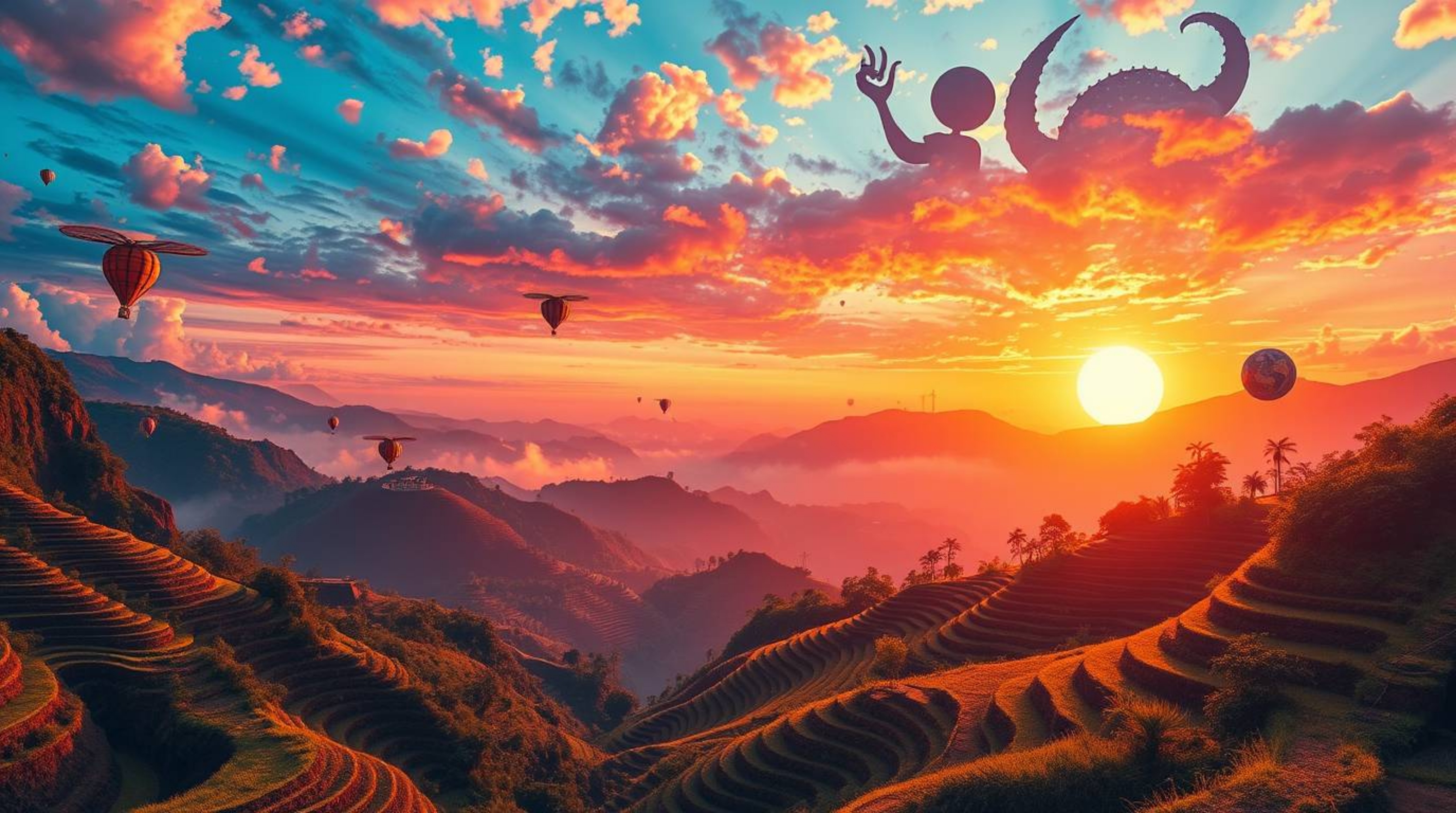 Experience a vibrant and surreal sunset over mountainous rice terraces, a fantastical dreamscape filled with bizarre scenes. 