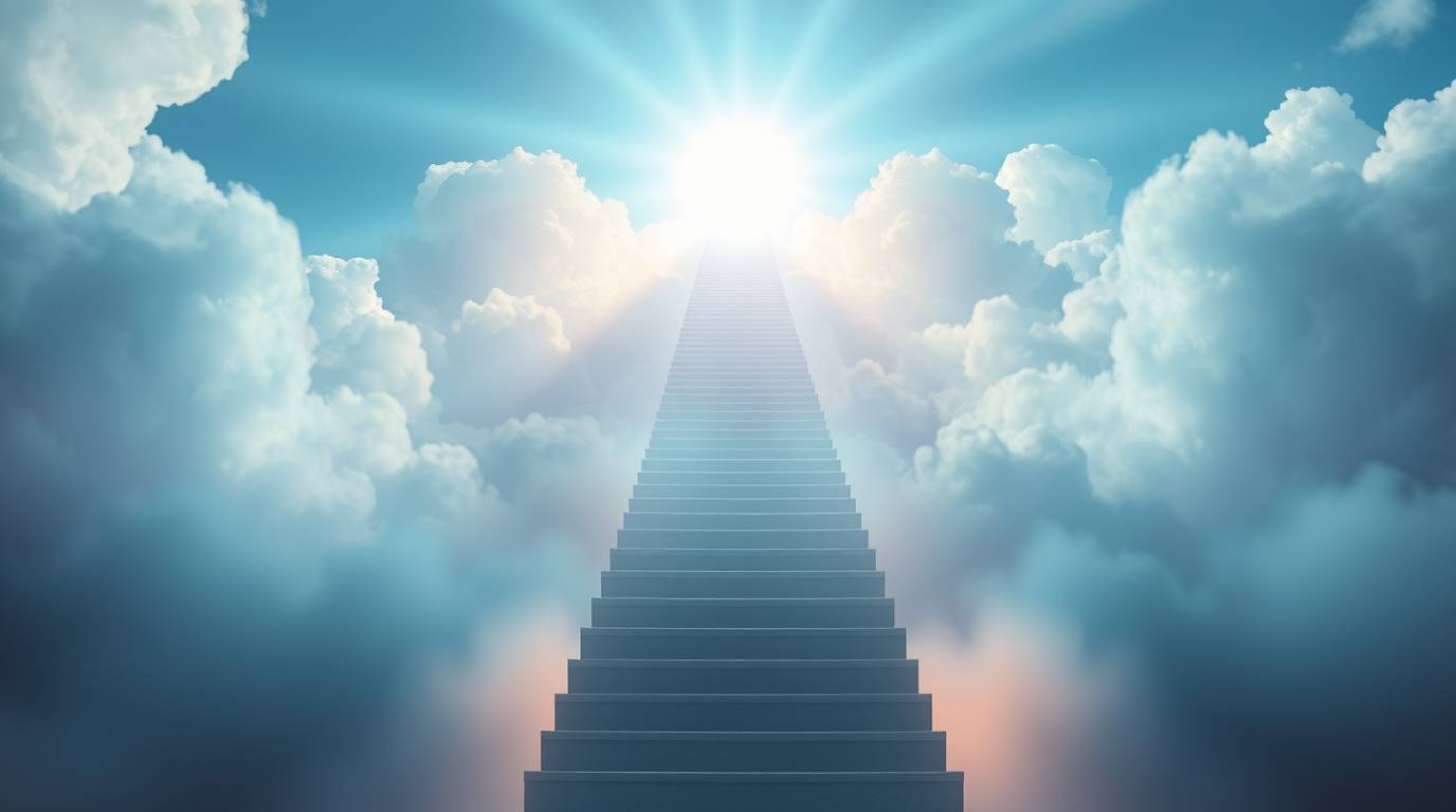 Immerse yourself in a surreal dreamscape featuring a stairway ascending through smoky clouds towards a radiant celestial ligh