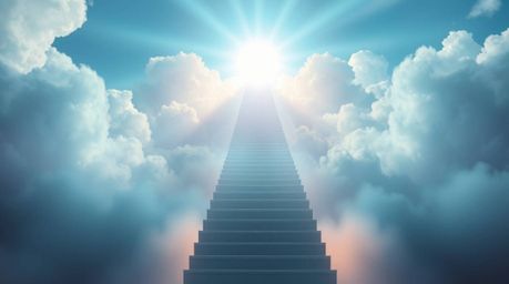 Immerse yourself in a surreal dreamscape featuring a stairway ascending through smoky clouds towards a radiant celestial ligh