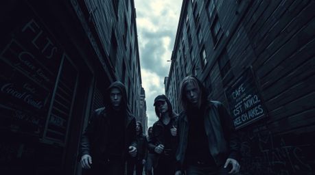 Capture the raw energy of rebellious teens in a grungy city alleyway. This image evokes a high-tension atmosphere with intens
