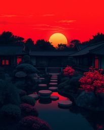 Sophisticated and elegant depiction of a serene Zen garden at sunset, rich burgundy and deep blue hues dominating the palette
