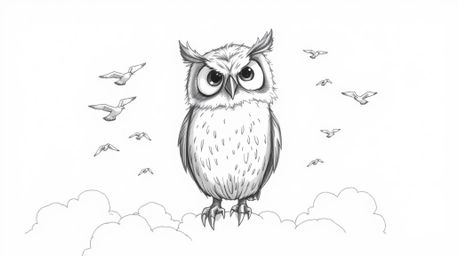 A hand-drawn sketch in Pixar style depicts a proud, blind owl with a soft, feathery texture, teaching a flock of birds to fly
