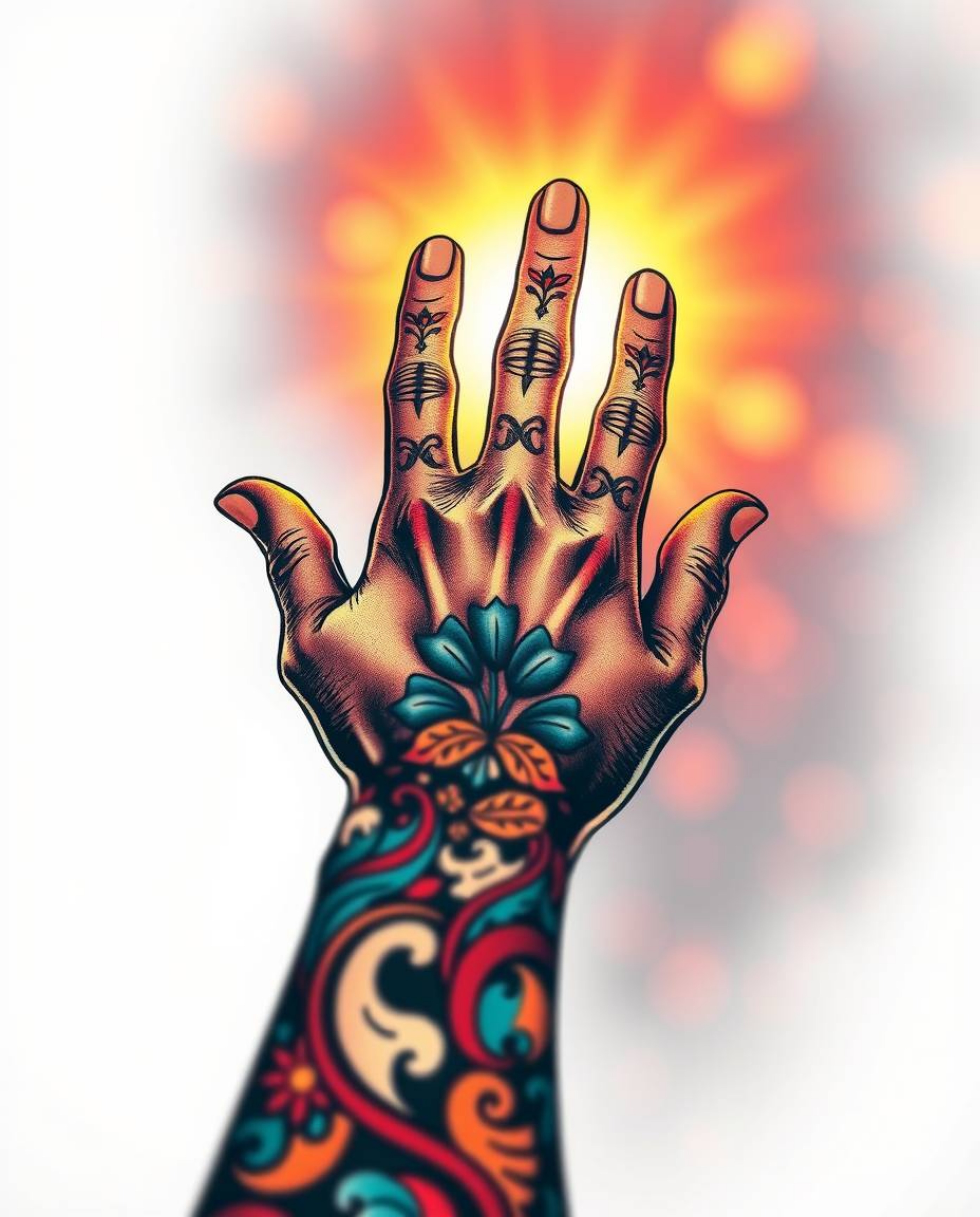 A vibrant, retro-style traditional tattoo art print featuring a hand reaching toward light from darkness.  The design boasts 