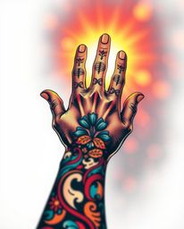 A vibrant, retro-style traditional tattoo art print featuring a hand reaching toward light from darkness.  The design boasts 