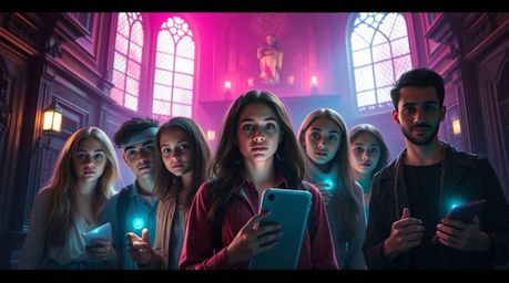 A group of diverse teens unravels a mystery within a grand, gothic haunted mansion.  The scene is bathed in soft, dreamy ligh