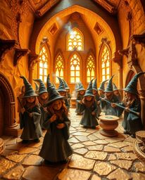 Explore a radiant and luxurious magical school, crafted from warm, golden glowing layered papier-mâché and featuring beautifu